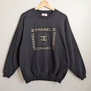 Vintage 80s 90s Streetwear Sweatshirt Black Metallic Gold Adult Large USA Made